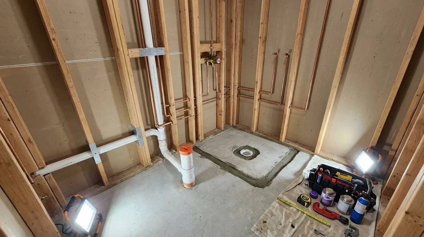 Bathroom rough-in plumbing during remodel by Johns Plumbing LLC in La Verne