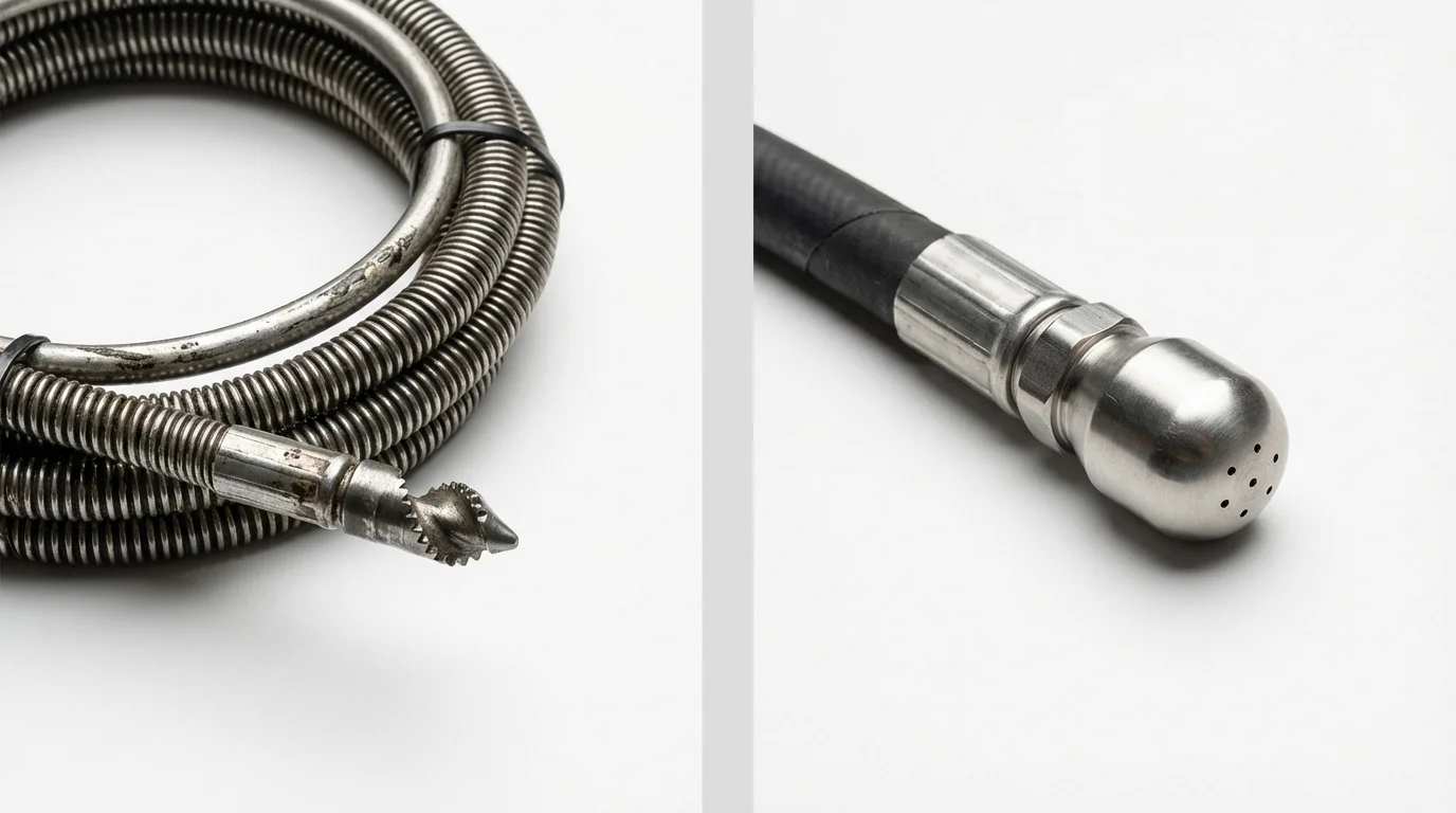 Drain snake cable and hydro jetting nozzle used for drain cleaning in La Verne, CA
